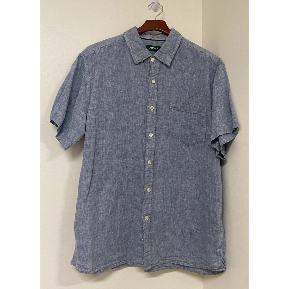 Orvis Short Sleeves‎ Button Up 100% Linen Blue Men's XL